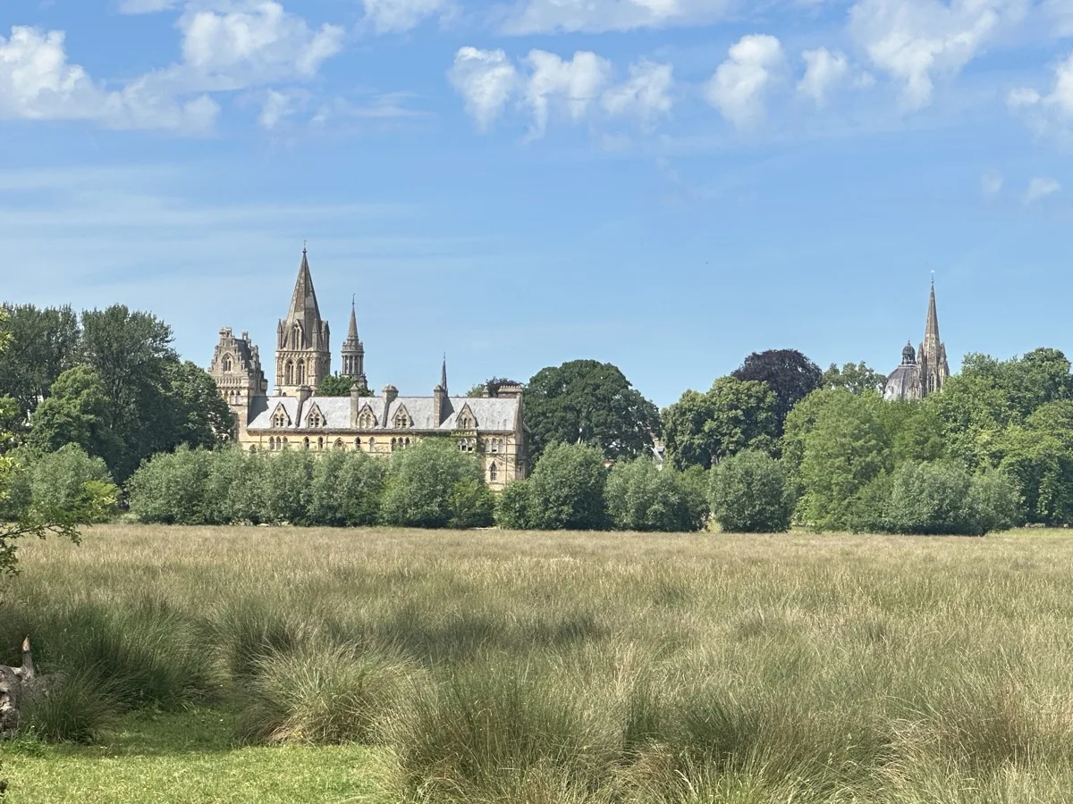 Christ Church seen across the open expanse of Christ Church Meadow, with the cathedral spire above the trees
