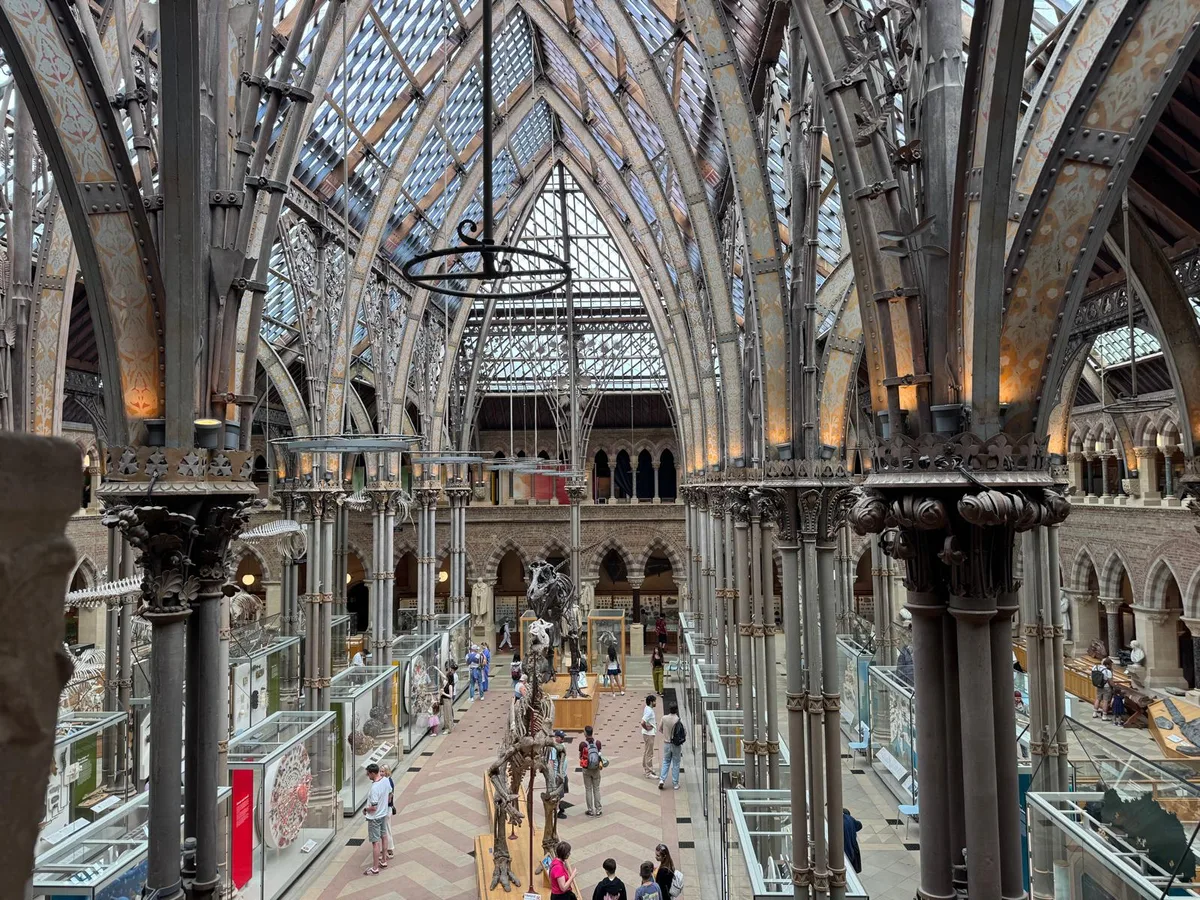 The Gothic Revival great court of the Oxford University Museum of Natural History, with iron-and-glass roof and stone arches, viewed from the upper gallery