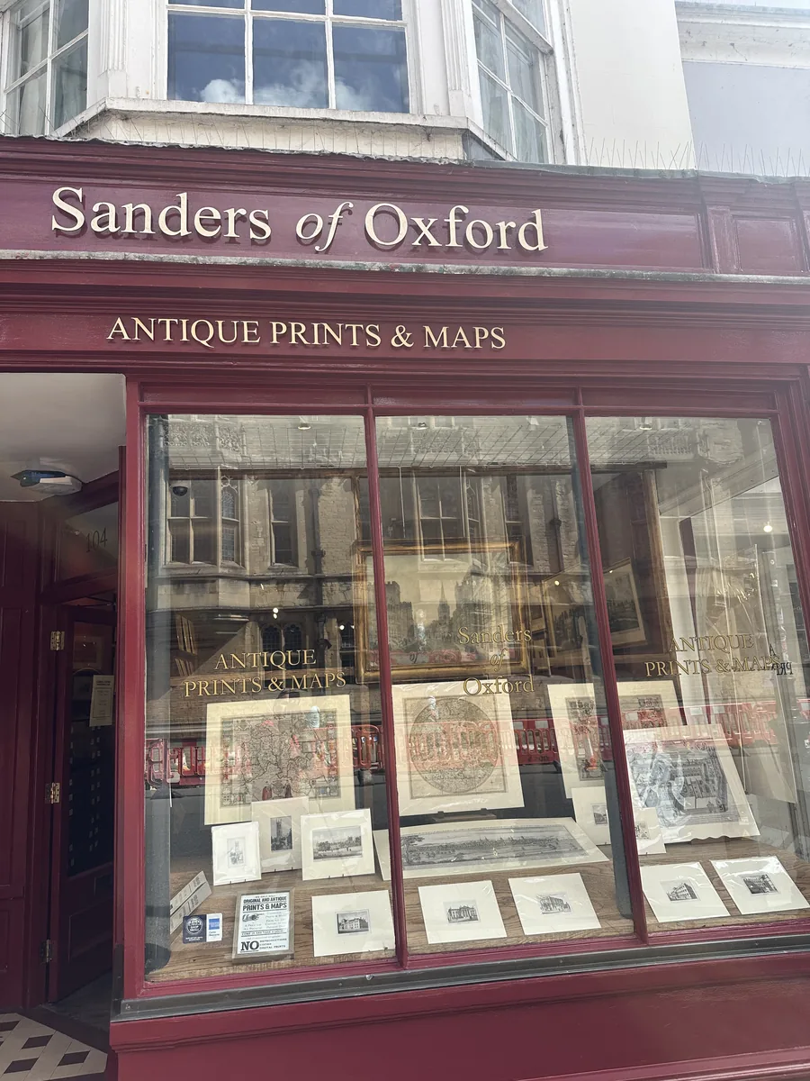 The Sanders of Oxford shopfront window on the High Street, with antique maps and prints on display
